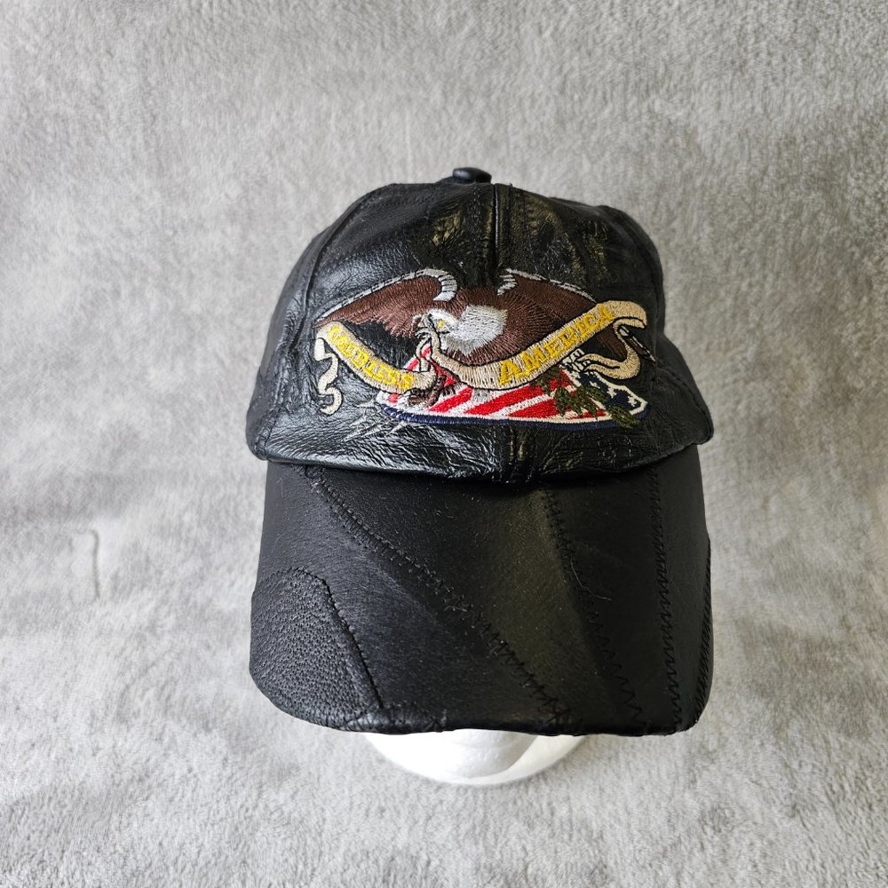 Leather Hat Patriotic Patchwork Embordered Black … - image 2